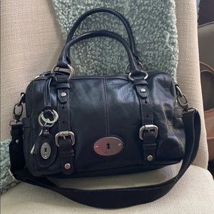 FOSSIL Black Leather Duffle Satchel w/ Strap